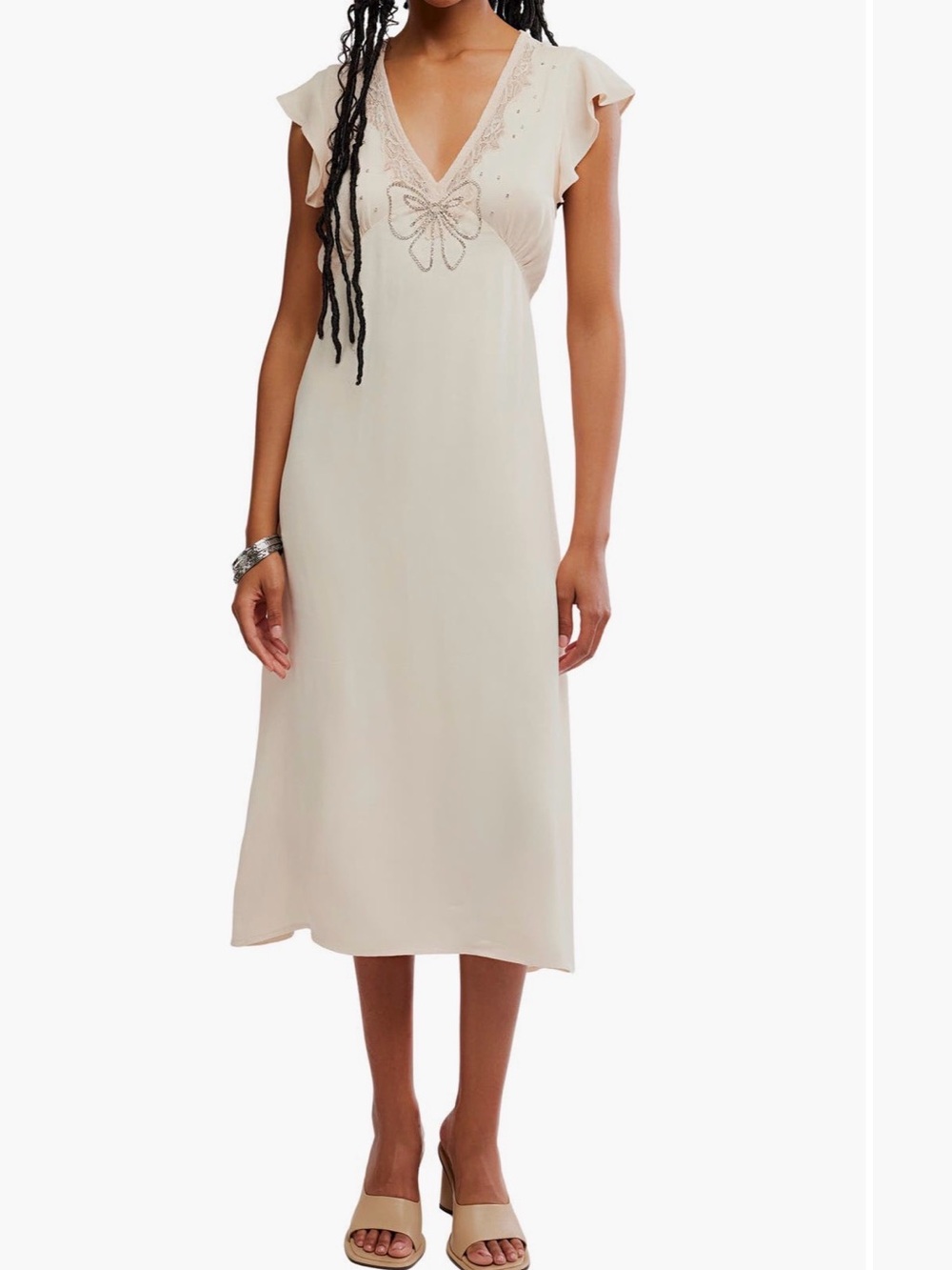 Free People Cream V-Neck Midi Dress with Lace Bow Detail